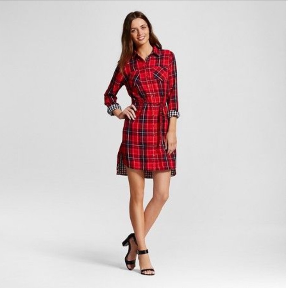 Merona Red Plaid Shirt Dress M